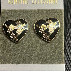 VINTAGE BLACK HEART CLOISSINE EARRINGS BIRD FLOWERS
